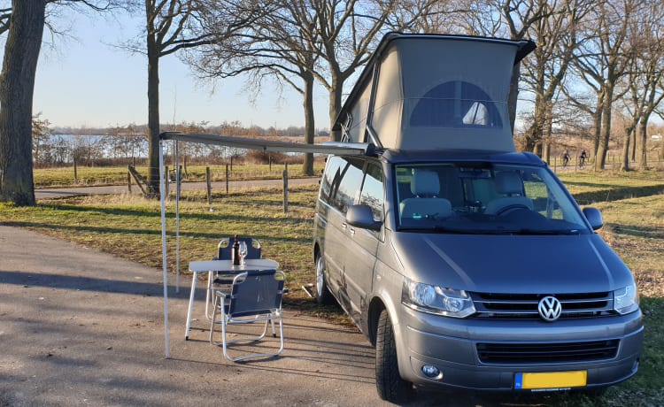 Grijs – Camping-car Volkswagen T5 California Bus avec toit relevable.