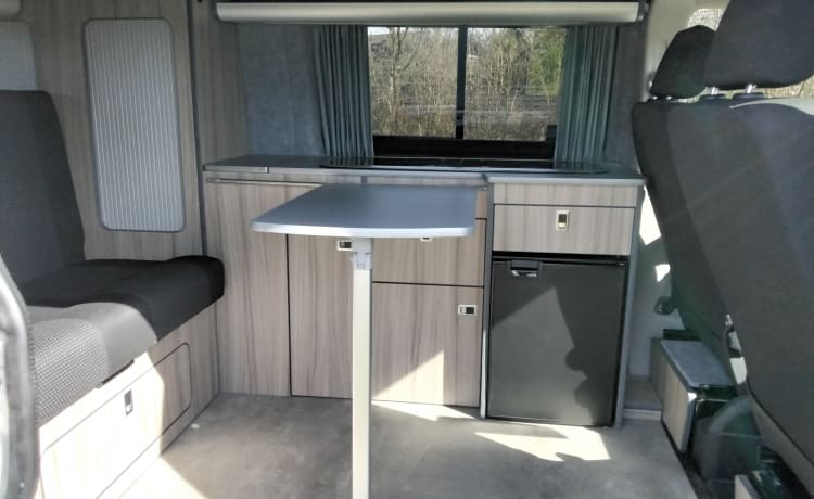 Onze trots – Camping-car bus VW Transporter T6 2p 2016 avec intérieur flambant neuf