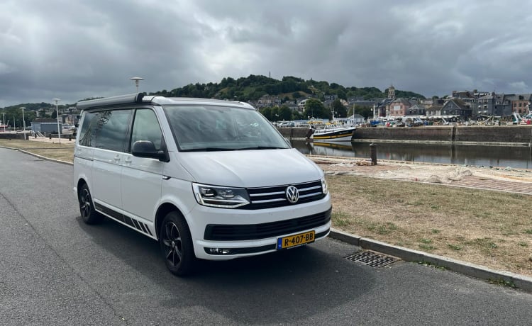 Witte VW California – Volkswagen CALIFORNIA T6 Edition (4p) from 2018. Possibly. with motorcycle trailer