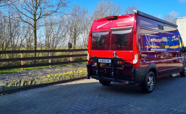 Karmann Davis 590 – Sjieke, luxe camperbus met 2-persoonsbed, navi, fietsenrek 80 kg etc.