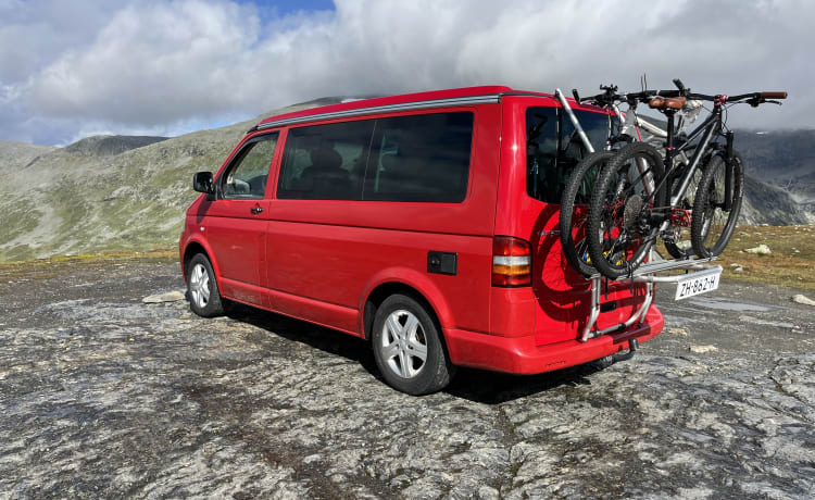 Red Volkswagen bus California T5