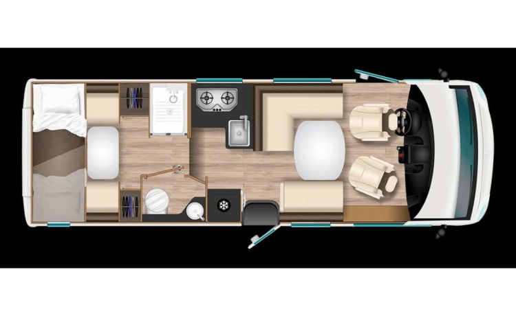 Lady Woodpecker – 5-person luxury family camper with bunk and 2-person pull-down bed.