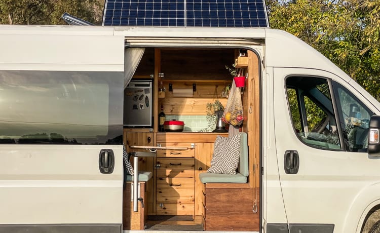 Surf Camper – Off Grid Camperbus Fiat Ducato L2H2 (voor warme én koude dagen)