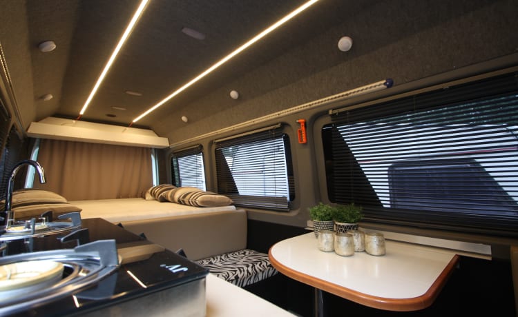 Superruime luxe MB Sprinter buscamper 2010 met XXL vastbed (2p)