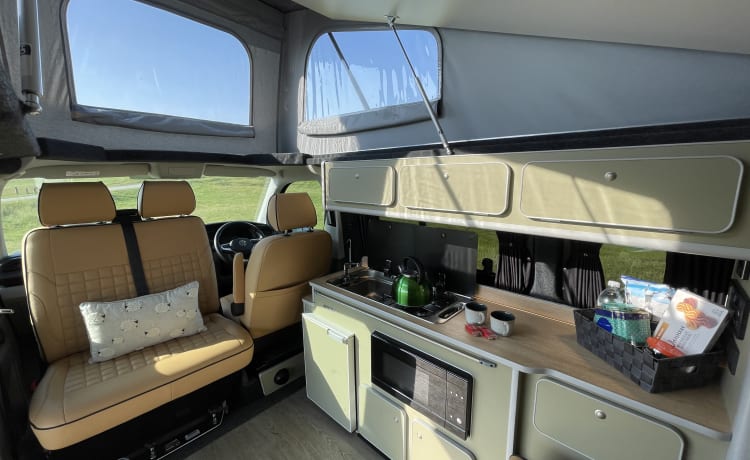 Mitch  – Superbe conversion VW T6 Camper King. 4 couchages, 5 sièges et fait tourner les têtes !