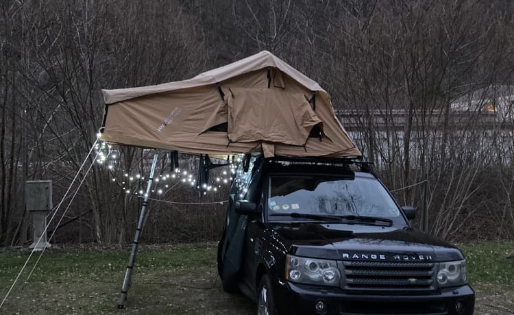  Isolerende binnentent en ondertent. WINTERCAMPEREN !! – 2p Land Rover: Range Rover Sport with roof tent and awning