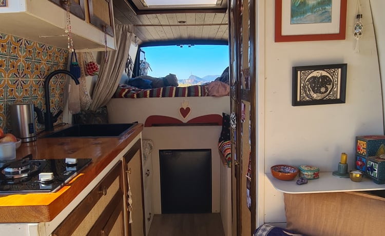 Harmhippiebus – Tweepersoons hippie camper met knusse inrichting