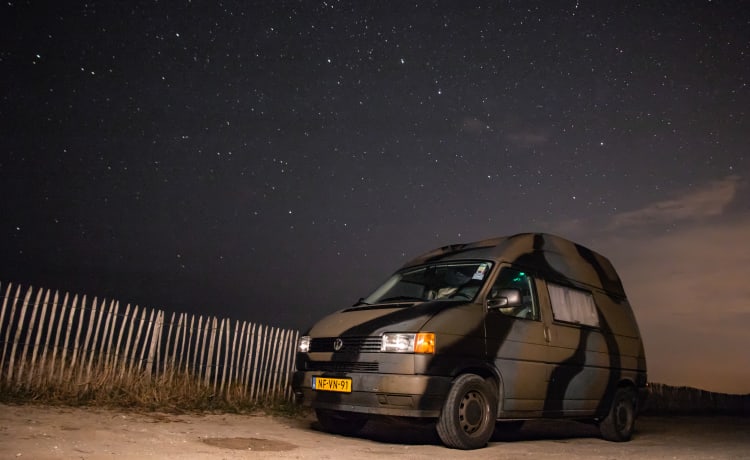 Our tough VW T4 Westfalia camouflage bus.