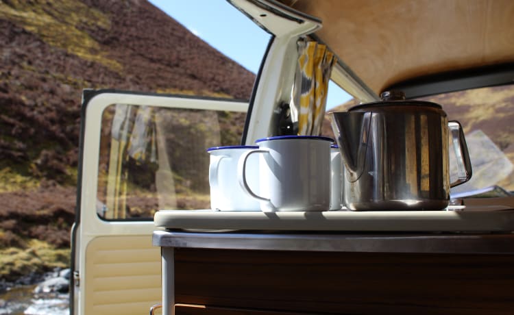 Daisy – Uno splendido camper classico VW a noleggio, con sede nel sud-ovest della Scozia