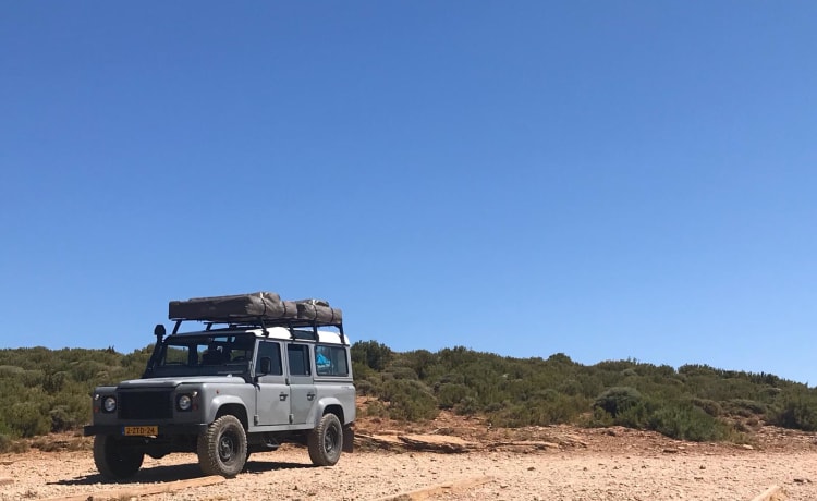 110 grijs – Land Rover Defender 110 with roof tent