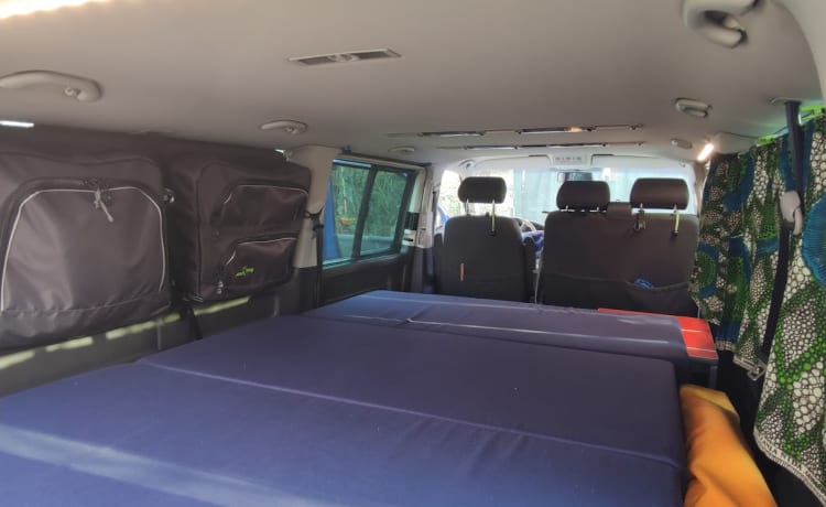 bluesky – vw t5 long wheelbase, free on the road surrounded by a blue sky