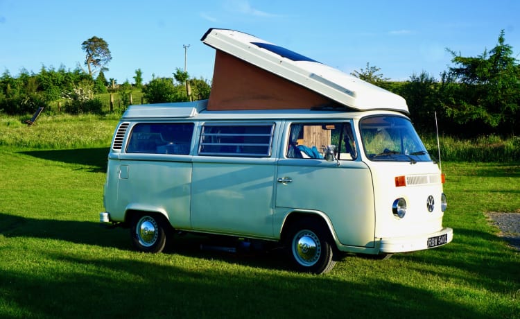 Daisy – Uno splendido camper classico VW a noleggio, con sede nel sud-ovest della Scozia