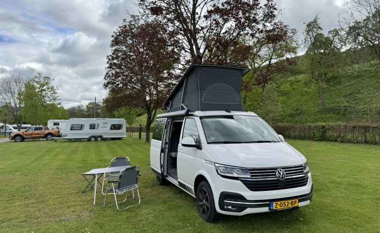 Witte VW California – Volkswagen CALIFORNIA T6 Edition (4p) from 2018. Possibly. with motorcycle trailer