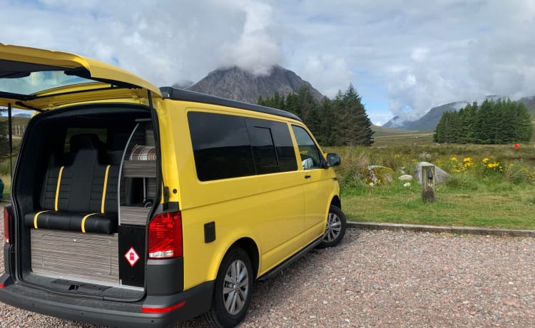 Sunny – Luxuriöser VW-Campervan zu vermieten. Sitz in Glasgow, Schottland. 