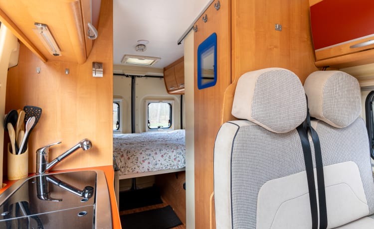 2 person bus camper with fixed bed and sanitary facilities