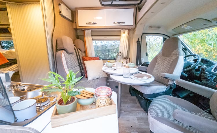 Fijnja – Luxury 4 pers. Pössl bus camper with sleeping lifting roof from 2019