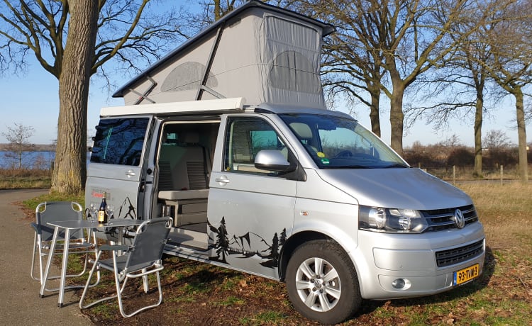 Zilver – Volkswagen T5 automatic California Bus camper with sleeping roof.