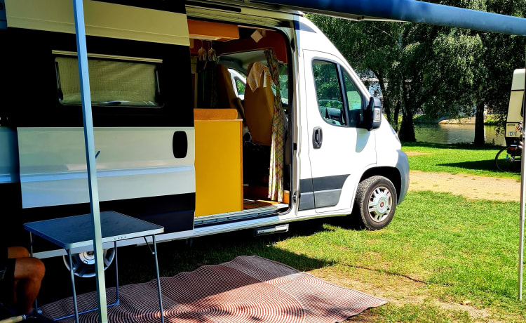 Chico – Notre bus confortable avec toilettes, peut accueillir 2 adultes + 1 bébé