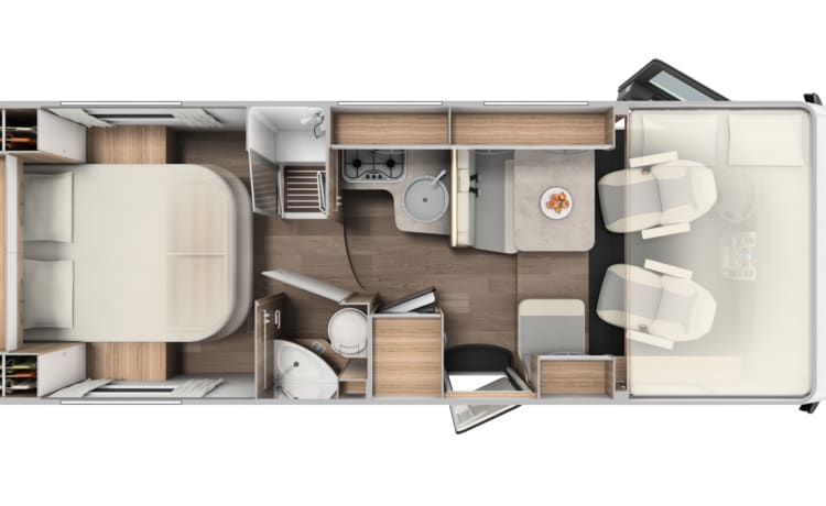 23/24 – Schöner kompakter Camper mit einem 2-Personen-Festbett und einem 2-Personen-Ausziehbett.