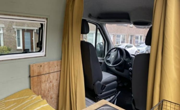 Cozy camper van with fixed bed