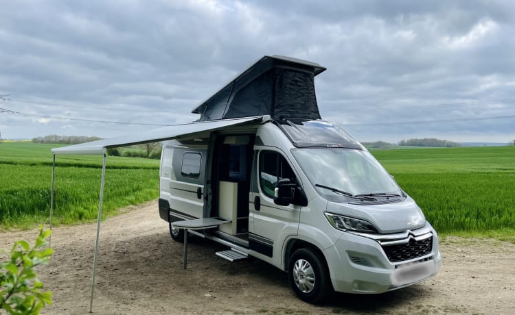 Camper van with sky roof and pop-up roof