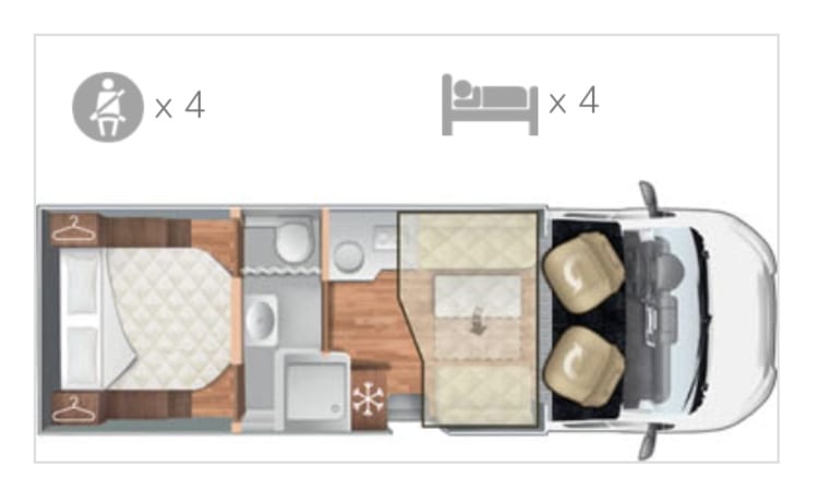 Roller Team 266 TL – Modernes Reisemobil (2022) mit luxuriösem Queensize-Bett und separatem Wellnessbereich.