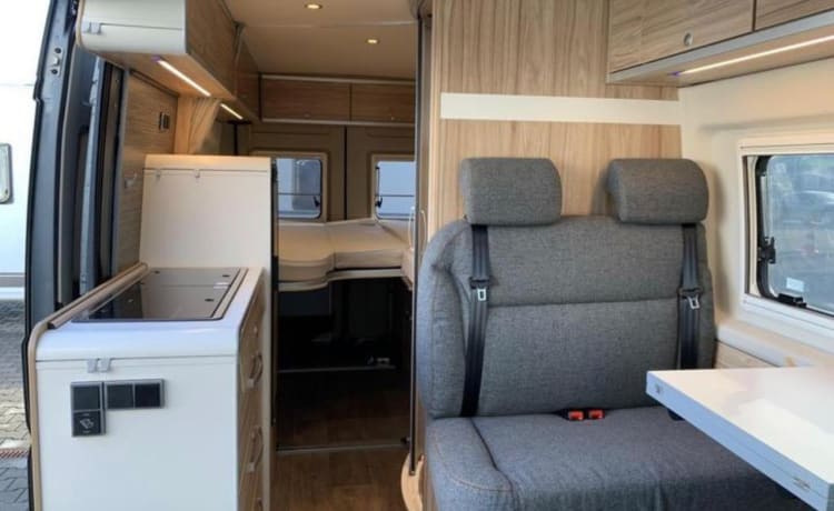 Jo'Berg – Camper autobus Hymer Yellowstone (con tetto sollevabile) del 2019