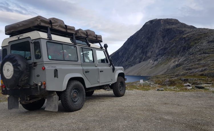 110 grijs – Land Rover Defender 110 with roof tent