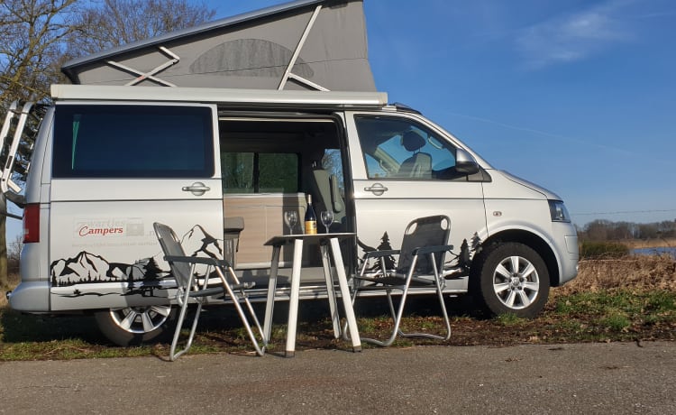 Zilver – Volkswagen T5 automatic California Bus camper with sleeping roof.