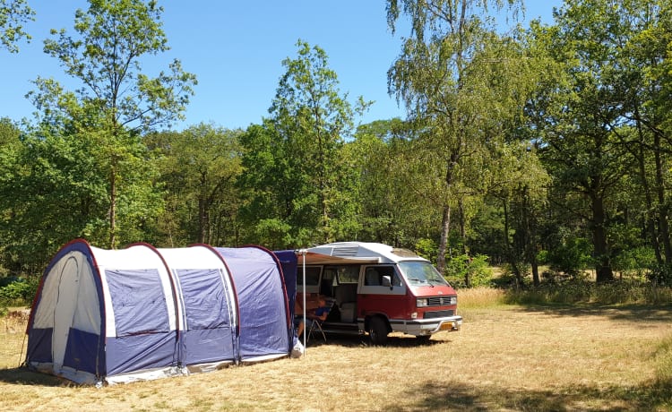 Original retro Volkswagen T3 Dehler with complete camping equipment.