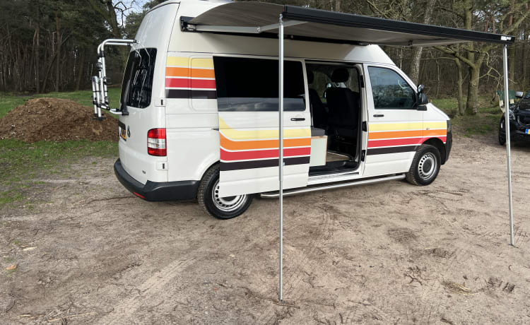 Retro-Volkswagen-Bus mit Fahrradträger und Markise