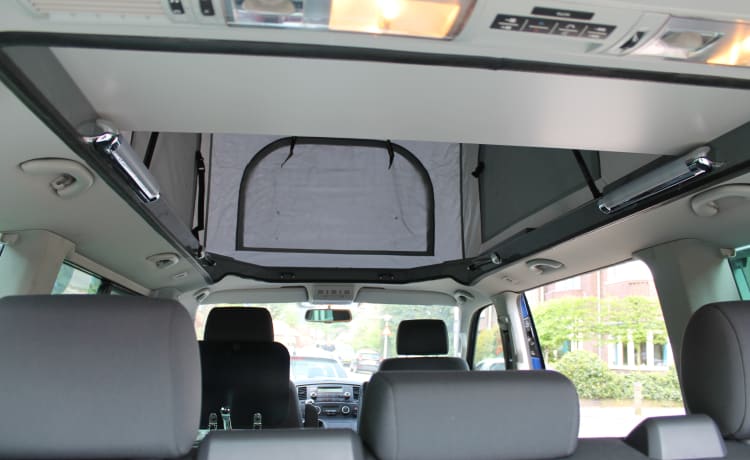 powerful VW T5 Multivan camper van with spacious Reimo pop-up roof