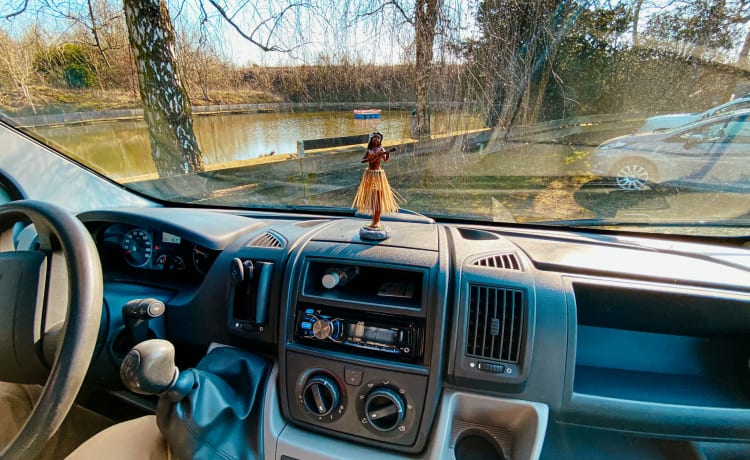 Accogliente camper per autobus fai-da-te (surf).