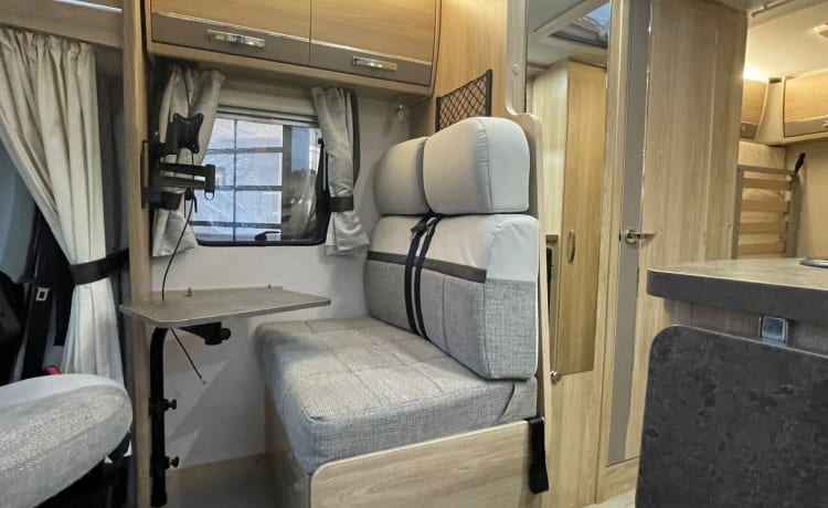 Amy – Immaculate Coach ha costruito 2 posti letto, tendalino a basso chilometraggio nel 2019, portabiciclette e GPL