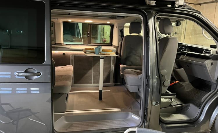 Grijze VW California – Camperbus VW California T6 nuovo di zecca del 2021. Possibilmente con rimorchio a motore.