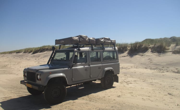 110 grijs – Land Rover Defender 110 with roof tent