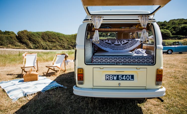 Daisy – Uno splendido camper classico VW a noleggio, con sede nel sud-ovest della Scozia