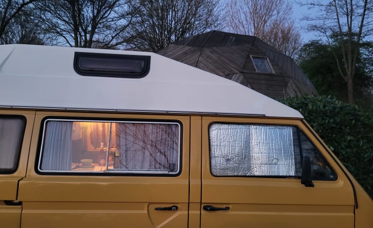 CHICO – cozy, neat, canary yellow oldtimer VW T3 for rent!