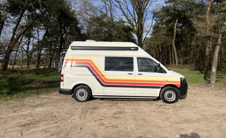 Retro Volkswagen Bus with bicycle carrier & awning