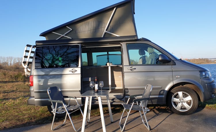 Grijs – Volkswagen T5 California Bus camper with pop-top roof.