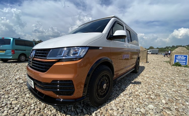 Camper per famiglie VW T6.1 vicino ai confini di Somerset, Devon e Dorset