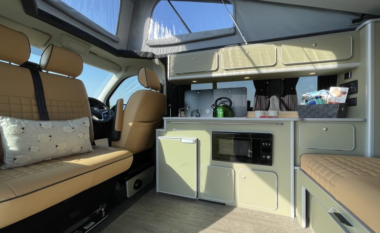 Mitch  – Superbe conversion VW T6 Camper King. 4 couchages, 5 sièges et fait tourner les têtes !