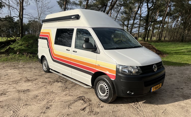 Retro-Volkswagen-Bus mit Fahrradträger und Markise