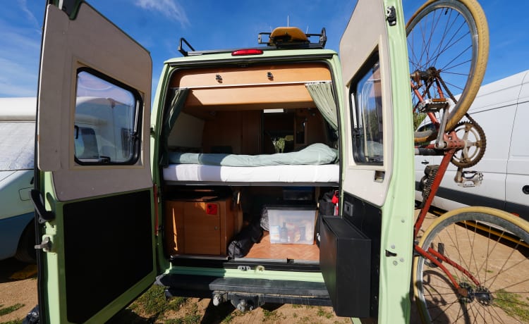 Minty – Menthe; Joyeux camping-car bus 2p de 2004, adapté au hors réseau et au surf !