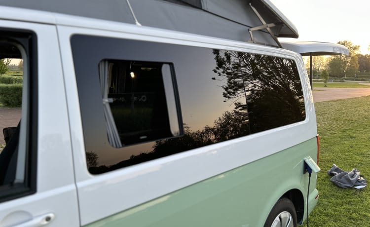 Olaf – Volkswagen Transporter T6 4-persoons retro-groen met slaaphefdak