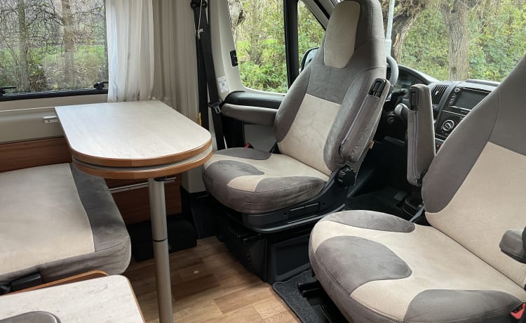 Bus camper Globecar 600L con letti di lunghezza, per 2 persone. Cane ammesso.