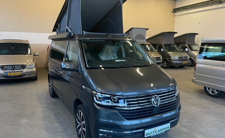 Grijze VW California – Nouveau camping-car VW California T6 de 2021. Peut-être avec remorque à moteur.