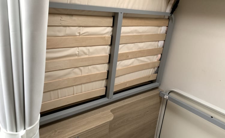 Amy – Immaculate Coach ha costruito 2 posti letto, tendalino a basso chilometraggio nel 2019, portabiciclette e GPL