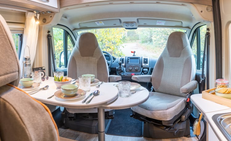 Fijnja – Luxury 4 pers. Pössl bus camper with sleeping lifting roof from 2019