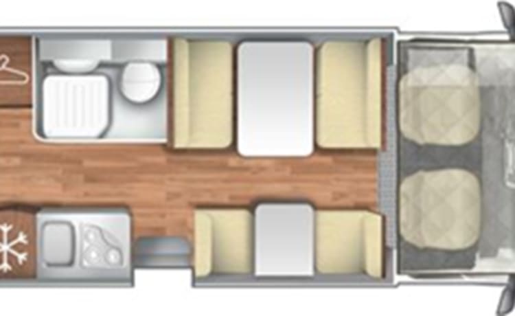 Roller Team Kronos M277 – 4 persoons camper met groot alkoof 2 persoonsbed, en stapelbed